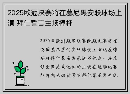 2025欧冠决赛将在慕尼黑安联球场上演 拜仁誓言主场捧杯