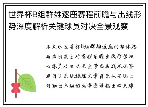 世界杯B组群雄逐鹿赛程前瞻与出线形势深度解析关键球员对决全景观察